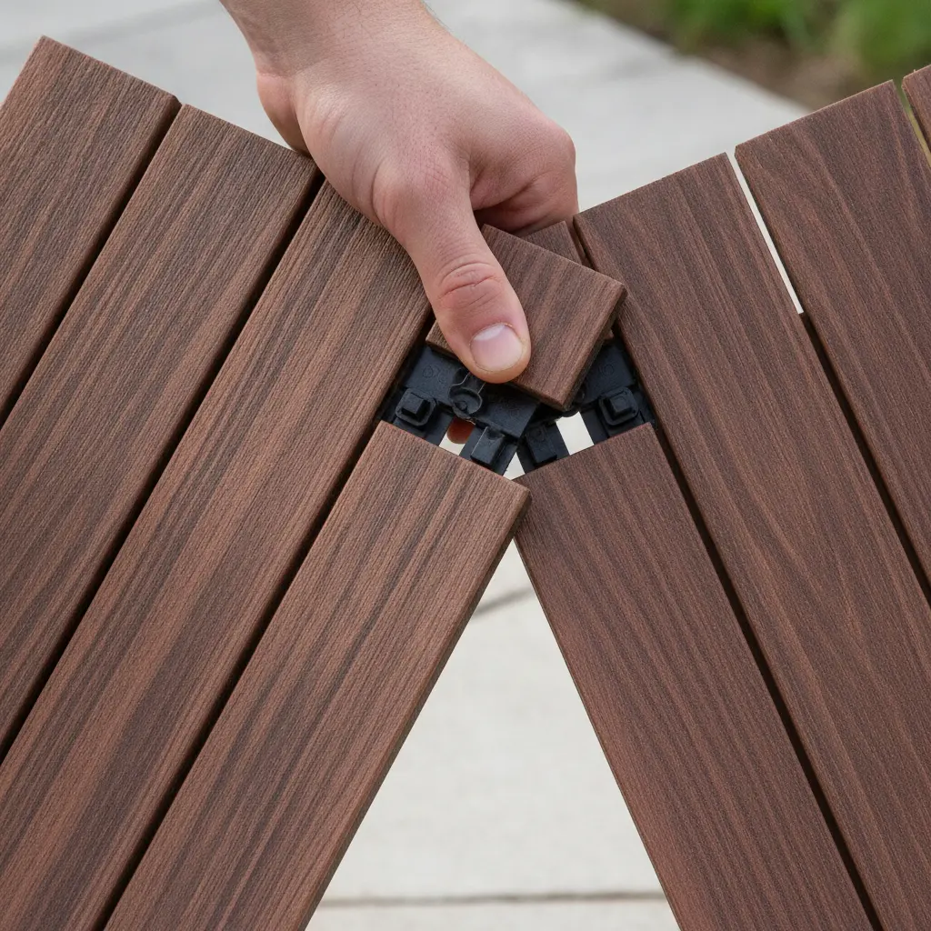 Hands assembling interlocking deck tiles on a balcony floor