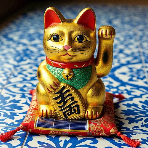 A golden Maneki Neko (beckoning cat) figurine with raised paw sits on a red cushion base atop blue a.jpg