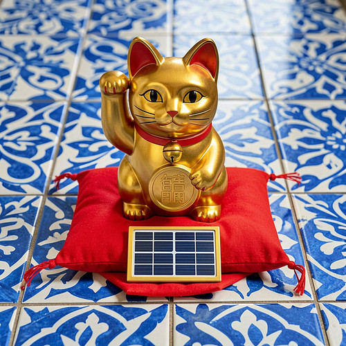 A golden Maneki Neko (beckoning cat) figurine with raised paw sits on a red cushion base atop blue a.jpg