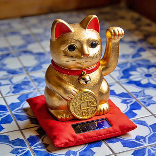 A golden Maneki Neko (beckoning cat) figurine with raised paw sits on a red cushion base atop blue a.jpg