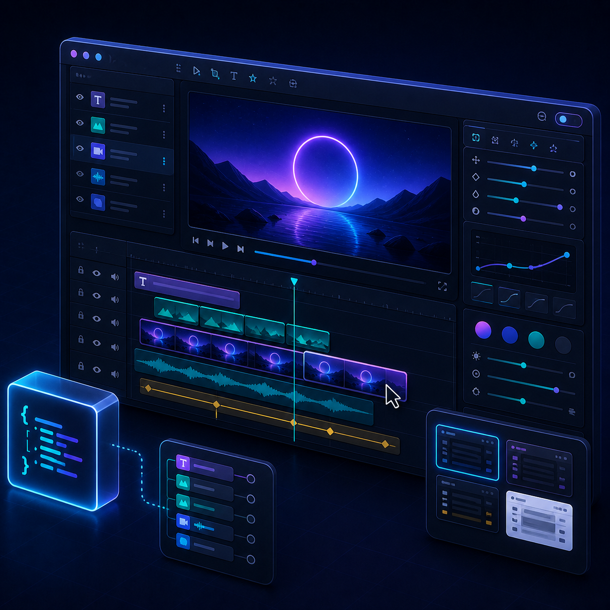 Dark mode React video editor timeline and controls