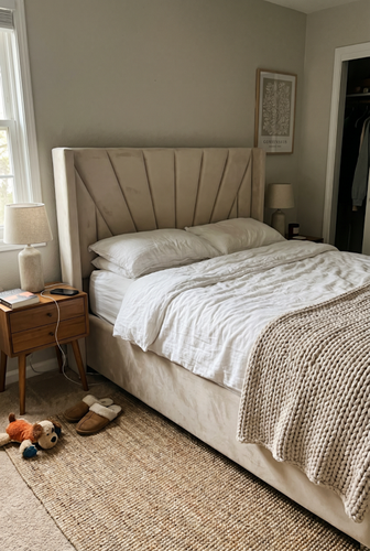 Small double ottoman bed from DHS with a velvet Sunrise frame.png