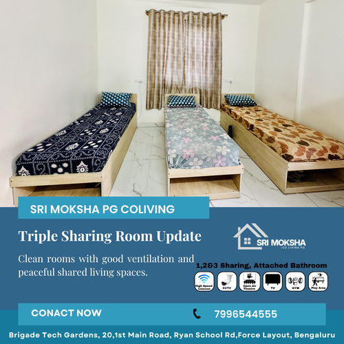 Sri Moksha PG Coliving offers spacious triple sharing rooms.png