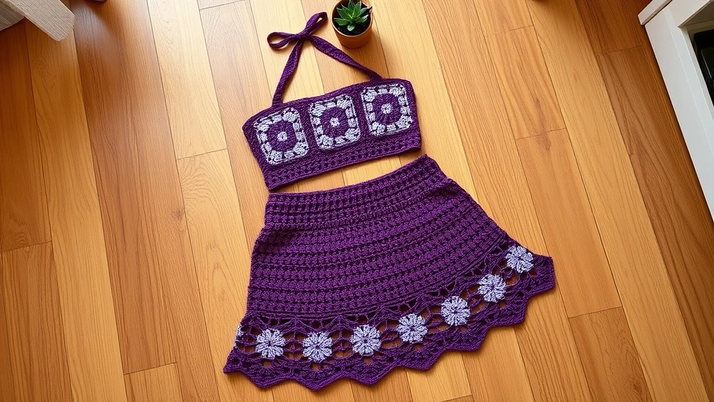 A coordinated handmade crochet set featuring a plum and lilac halter top and a matching plum mini skirt.