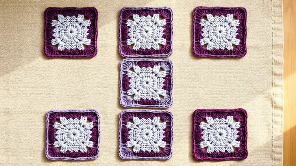 A balanced arrangement of deep plum and soft lilac crochet squares showcasing a clean, two-tone color palette.