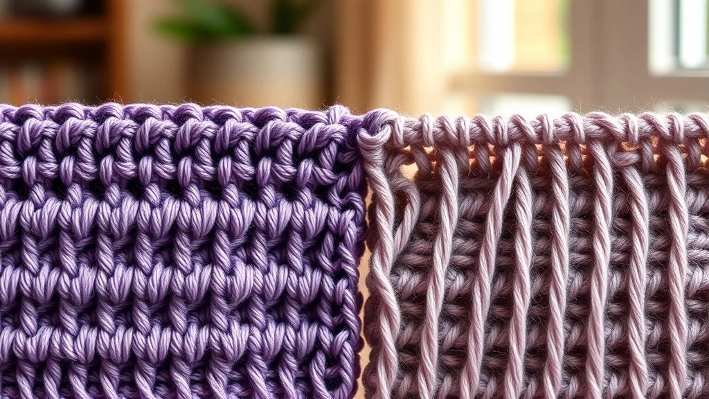 A close-up comparing tight, structured mercerized cotton crochet stitches with loose, sagging acrylic yarn stitches.