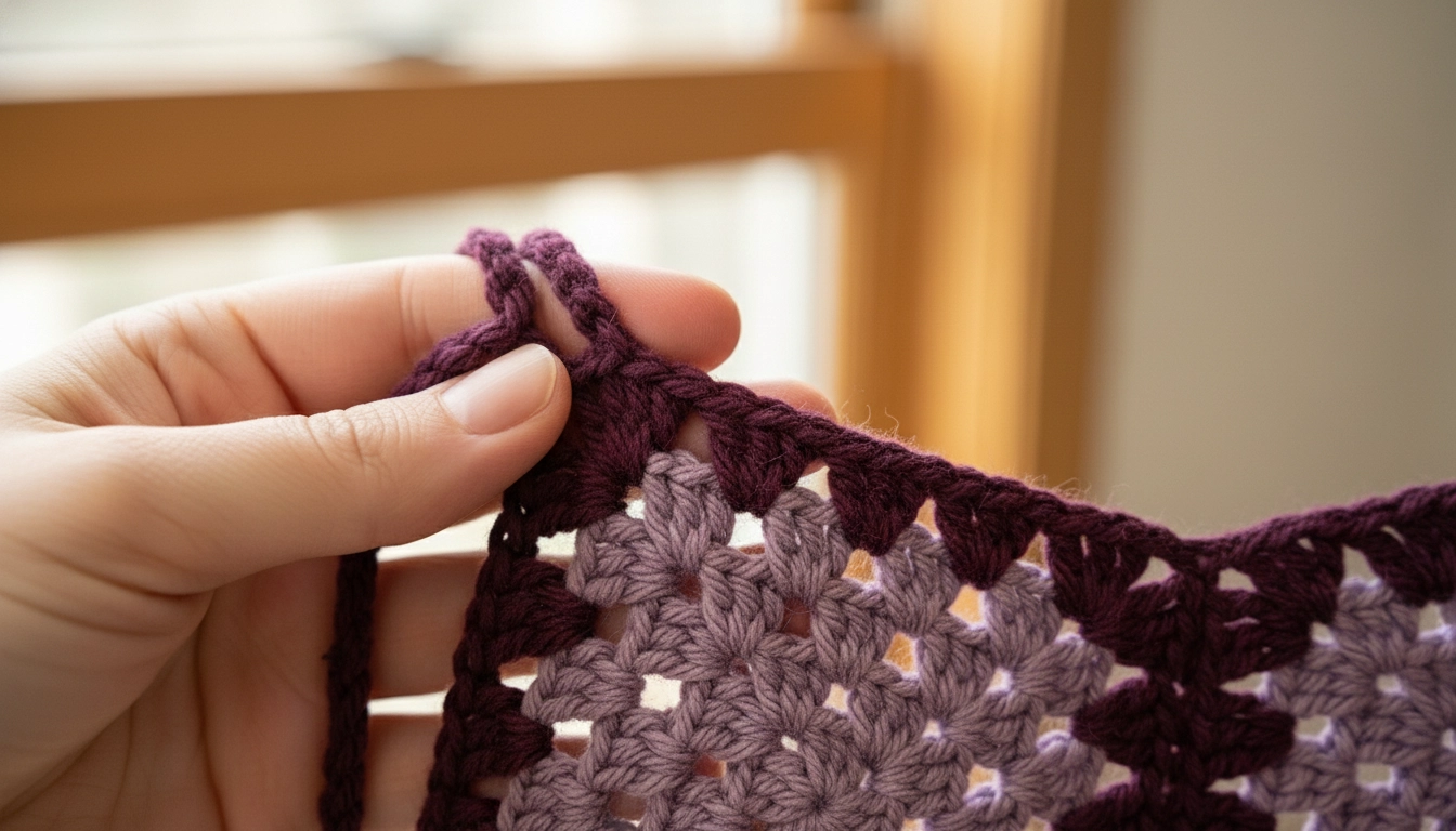 A close-up of a sturdy, braided plum crochet strap attached securely to the corner of a granny square halter top.