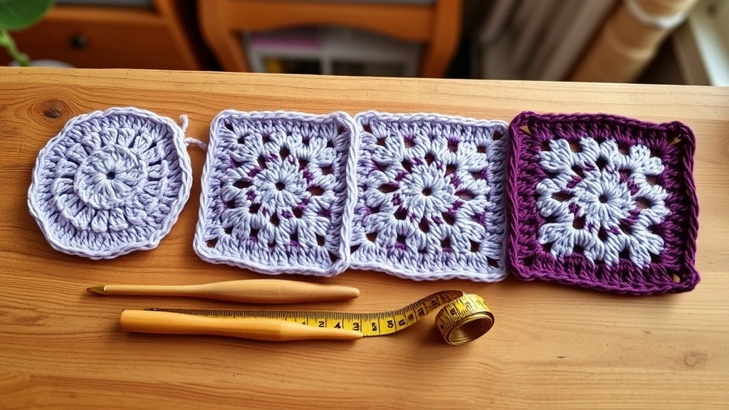 Four crochet granny squares showing the round-by-round progress of the Purple Reign halter top pattern.