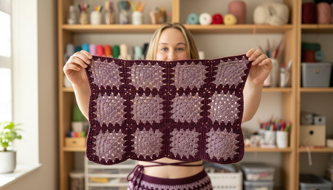 A crafter holding up a finished plum and lilac granny square halter crop top in a bright, cozy workspace.