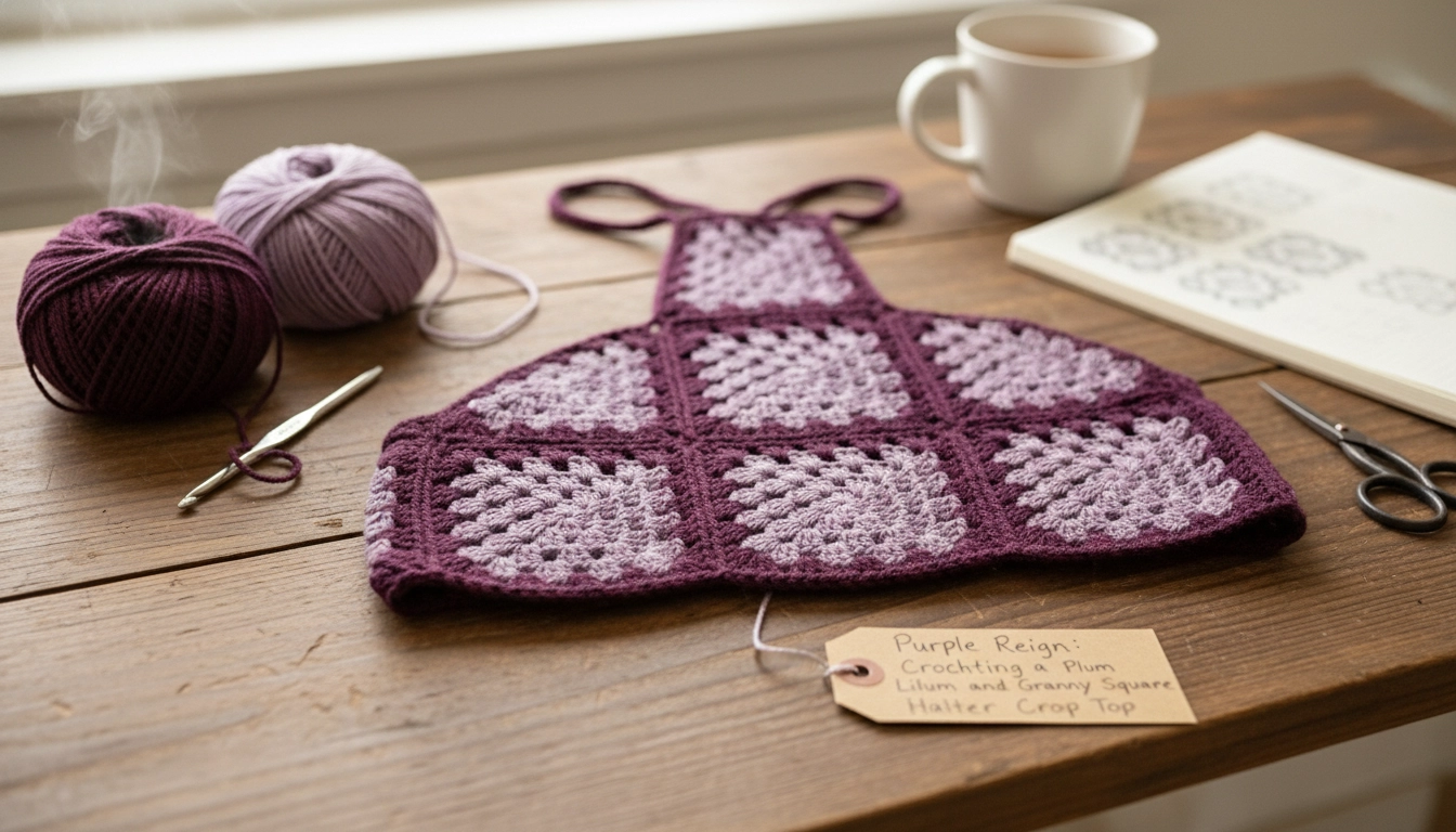 A homemade Purple Reign: Crocheting a Plum and Lilac Granny Square Halter Crop Top laid out on a cozy wooden table next to a crochet hook and yarn.