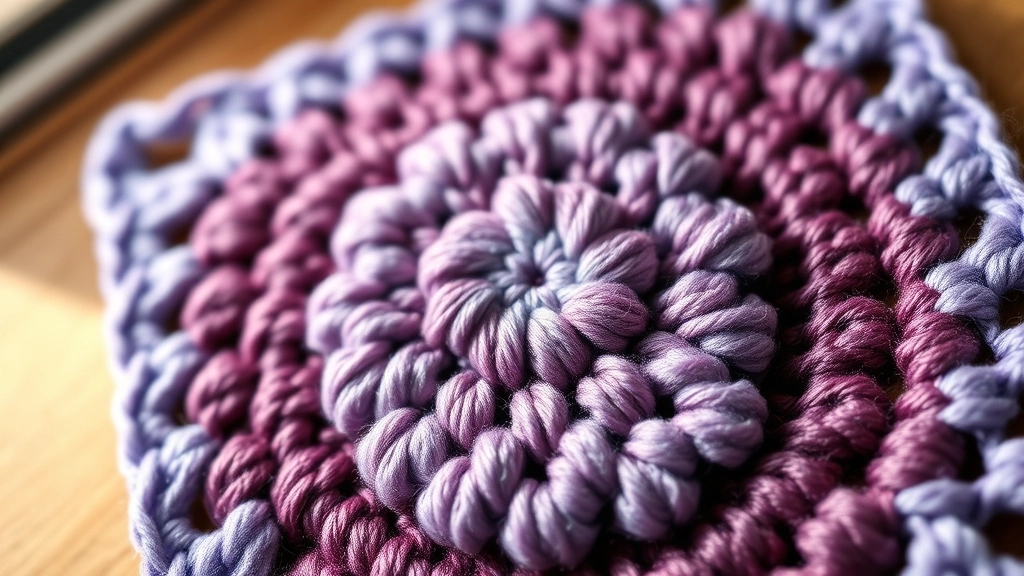A detailed macro shot of a lilac floral crochet center with raised cluster stitches bordered by flat plum yarn.