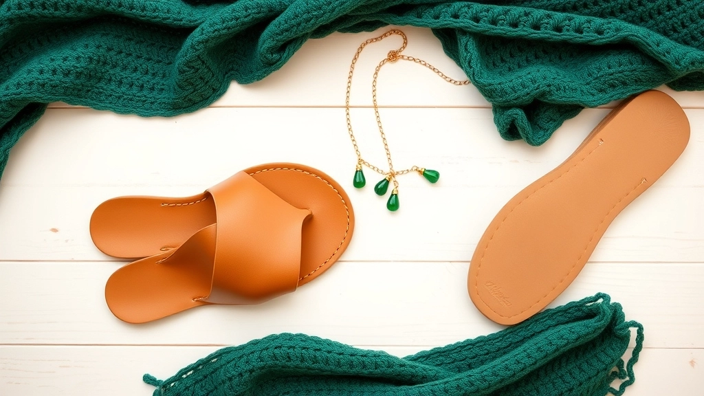 A pair of tan leather sandals and a delicate gold necklace with green stone pendants arranged next to a crocheted forest green fabric.