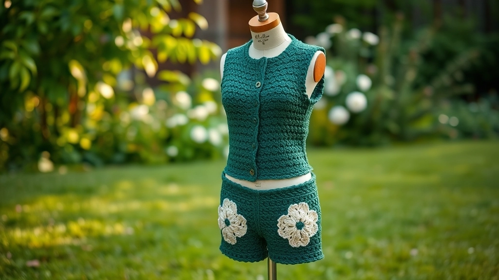 A forest green crocheted vest and matching shorts with cream floral motifs styled on a vintage dress form in a lush backyard.