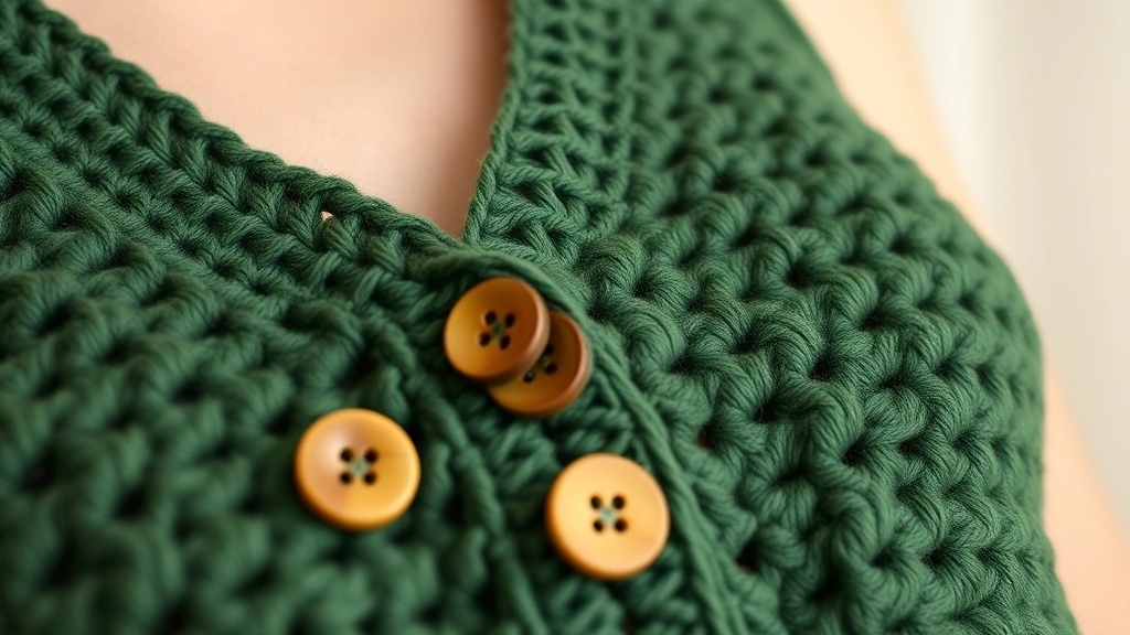 Close-up of a forest green crocheted vest featuring a V-neckline and round wooden buttons sewn onto the front placket.