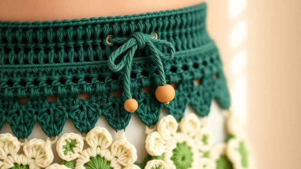 Detail shot of the ribbed waistband of forest green crochet shorts with a woven drawstring.