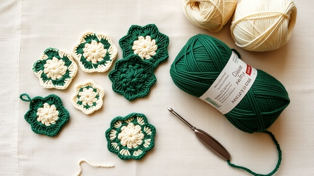 A collection of crocheted cream and green floral motifs laid out next to skeins of forest green and cream cotton yarn and a crochet hook.