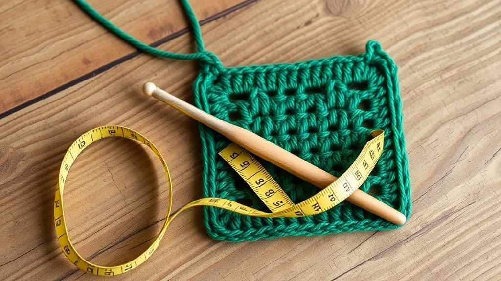 A close-up of a forest green crochet gauge swatch next to a wooden crochet hook and a measuring tape.