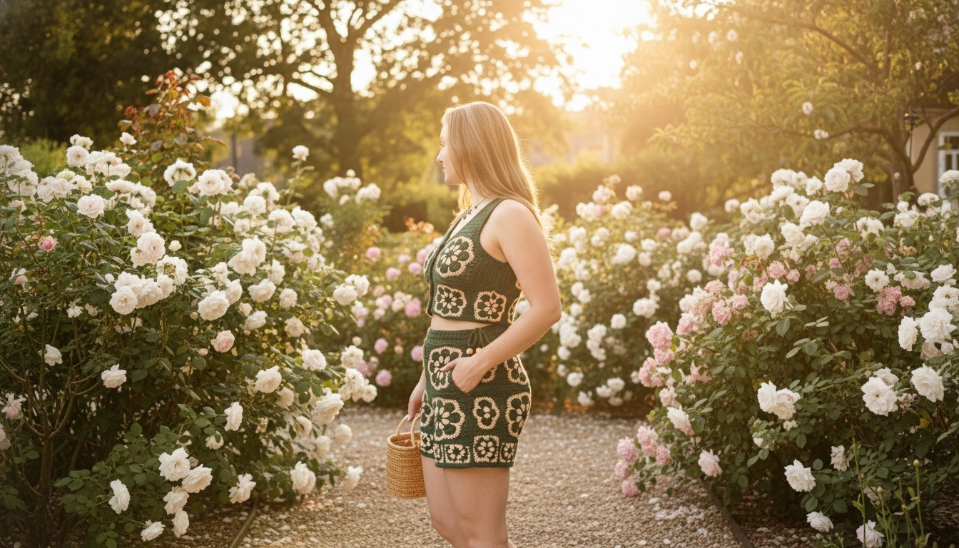 A woman wearing the completed forest green crocheted vest and shorts set standing in a sunlit garden.