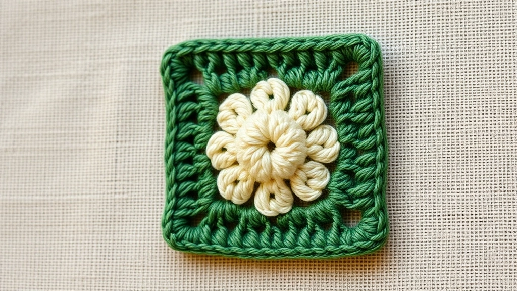 A close-up of a single crocheted floral square showing an eight-petal cream flower center transitioned into a forest green square.