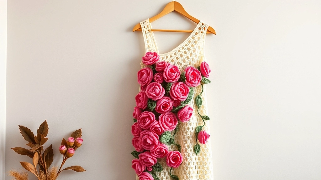 A finished cream-colored crocheted one-shoulder maxi dress with beautiful 3D pink floral vine details hanging elegantly on a wooden hanger.