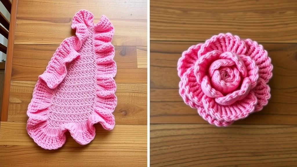 A step-by-step display of a pink scalloped crocheted strip being rolled up to form a 3D rose bloom.