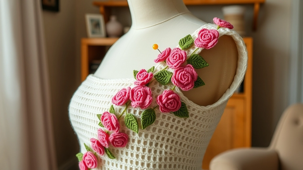 Crocheted 3D roses and green leaves pinned diagonally from the shoulder down across a cream crochet dress on a mannequin.