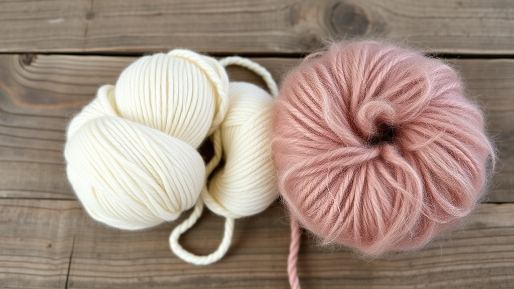 A skein of smooth, shiny mercerized cotton yarn next to a fluffy, lightweight wool blend yarn on a wooden table.
