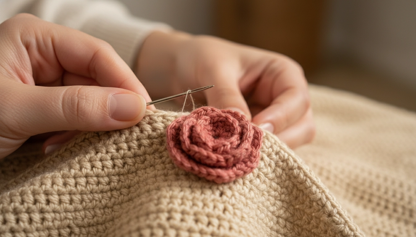 Close-up of hands sewing a 3D crocheted rose securely into a dense single-crochet base fabric using a metal needle.
