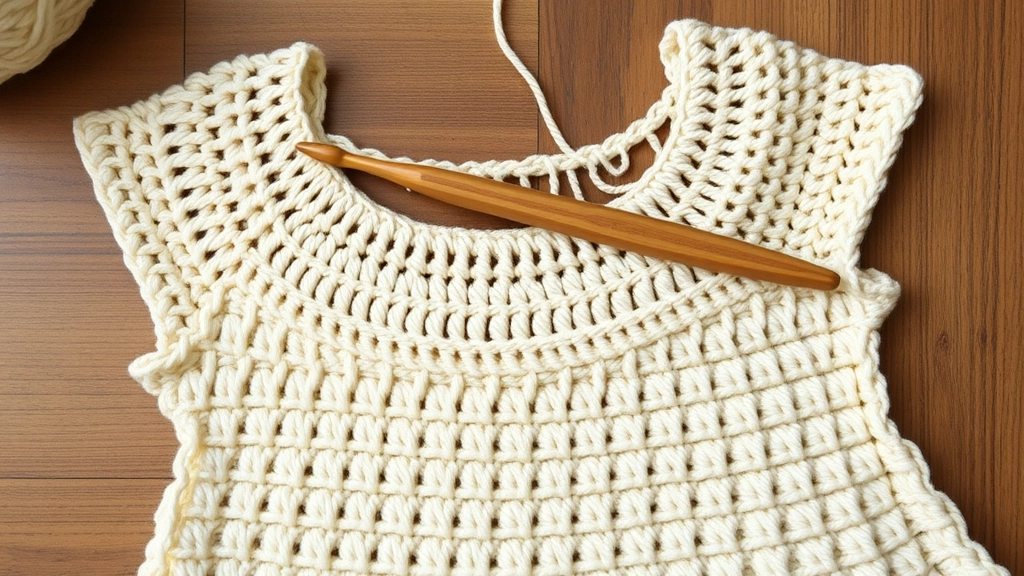 A partially completed crocheted flat panel of a cream-colored one-shoulder dress lying on a work table with a crochet hook.
