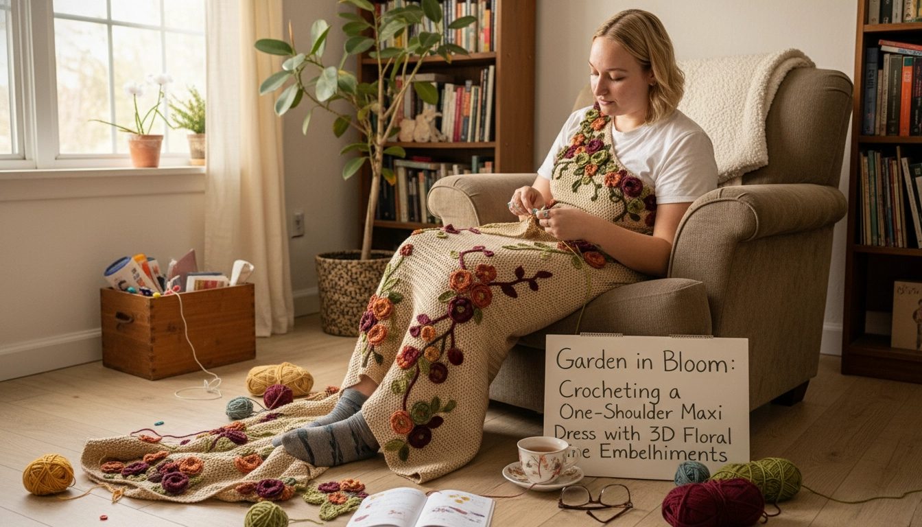 A beautiful homemade cream-colored dress from the project Garden in Bloom: Crocheting a One-Shoulder Maxi Dress with 3D Floral Vine Embellishments draped over a dress form in a cozy home workshop.