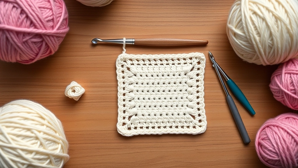 A crochet gauge swatch, yarn skeins, and two crochet hooks arranged neatly on a crafting table.