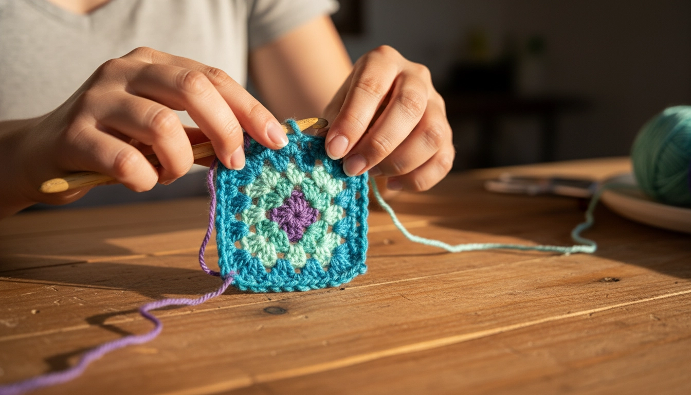 A close-up of hands crocheting a blue and purple granny square with a wooden crochet hook.