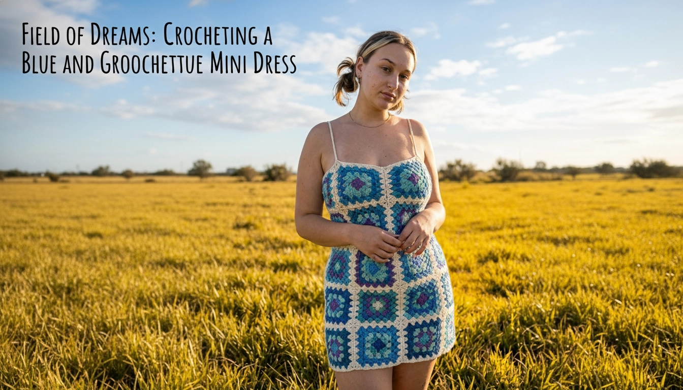 A flat lay of a homemade crochet garment from the project Field of Dreams: Crocheting a Blue and Purple Granny Square Mini Dress, resting on a textured linen surface.