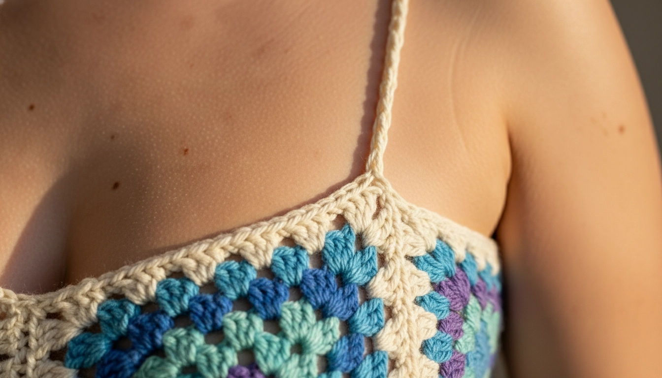 Close-up of a delicate cream crochet strap attached to the corner of a blue and purple granny square bodice.