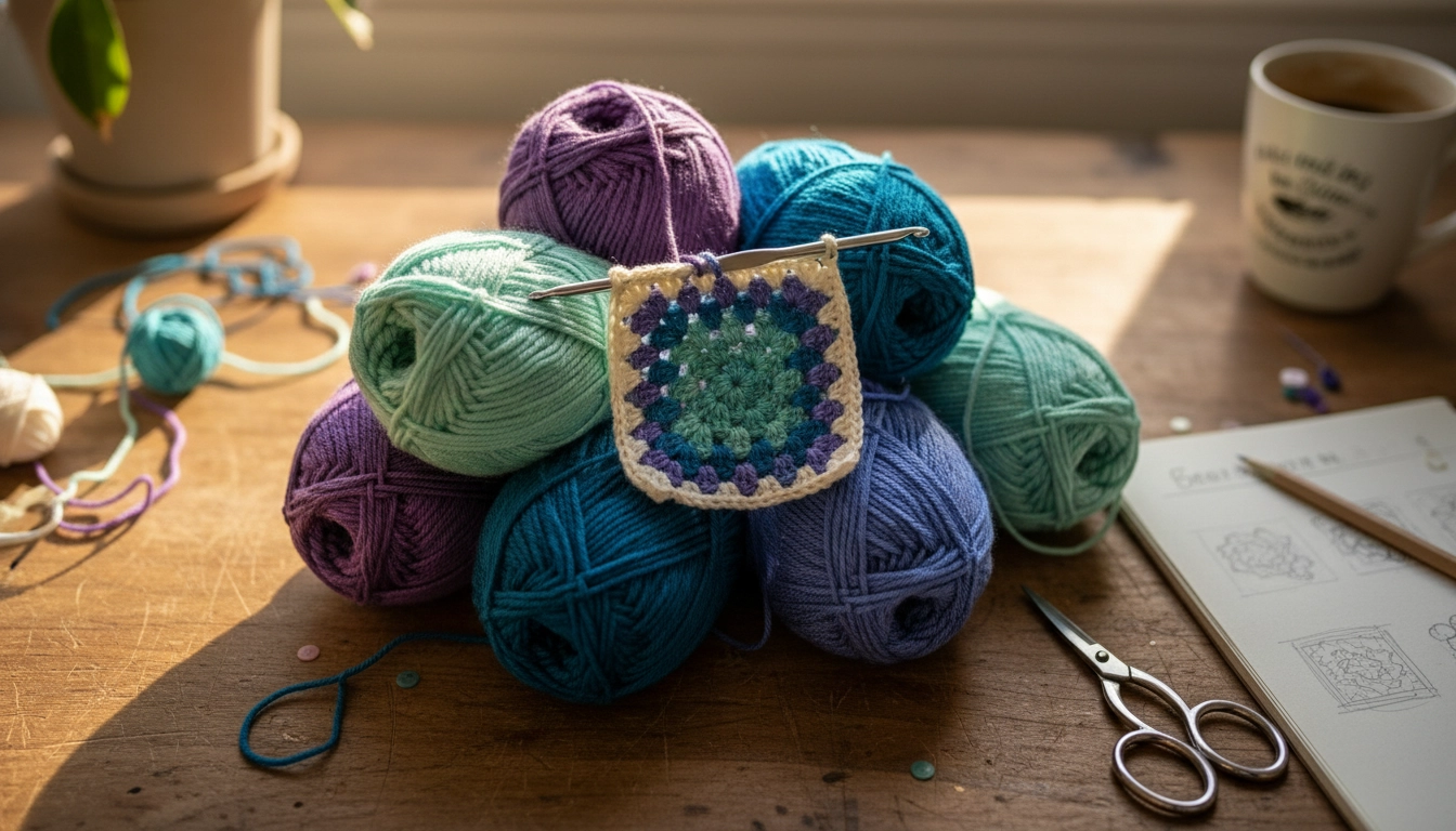 A cluster of organic cotton yarn skeins in shades of blue, purple, and cream next to a completed granny square motif.