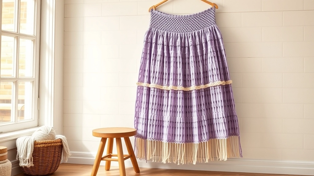 A completed lavender tiered open-weave mini dress with cream fringe displayed in a sunny room.