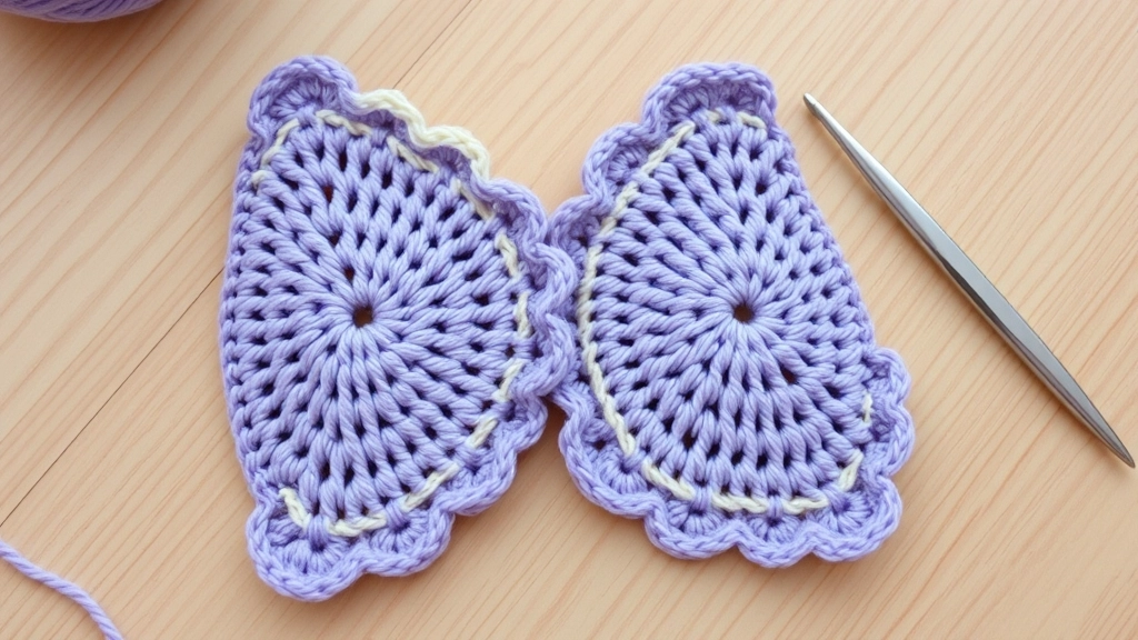 Two crocheted lavender triangle cups with a contrasting cream scalloped border resting on a flat surface.