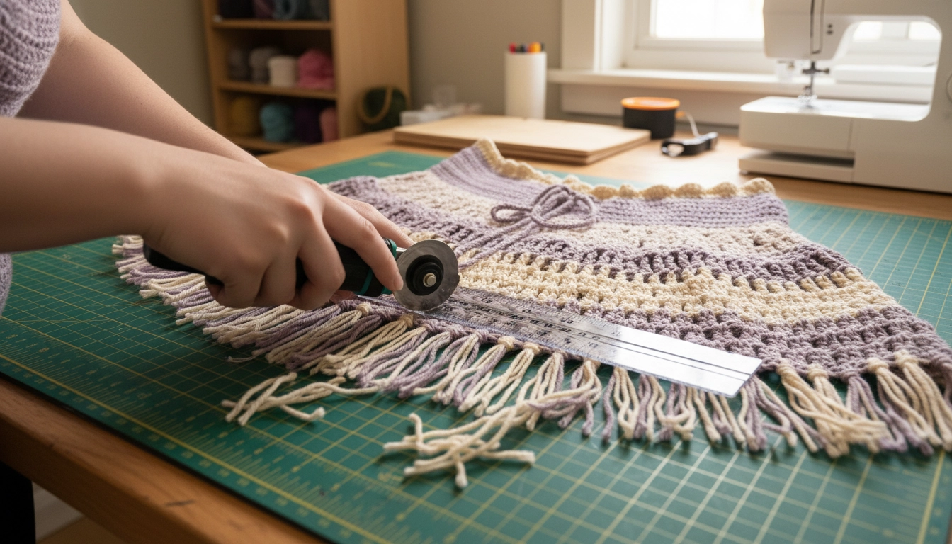 Hands using a rotary cutter and a clear plastic ruler to trim cream yarn fringe on a crochet dress.