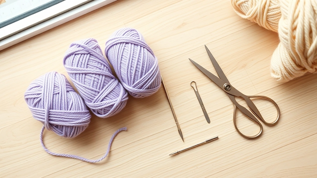 A flat lay of lavender and cream sport weight cotton yarn skeins, a 3.5 mm crochet hook, and a tapestry needle.