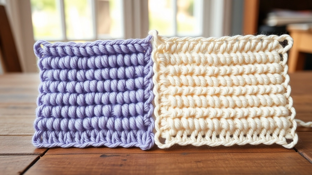 Side-by-side crochet swatches showing dense lavender stitches and loose cream open-weave mesh.