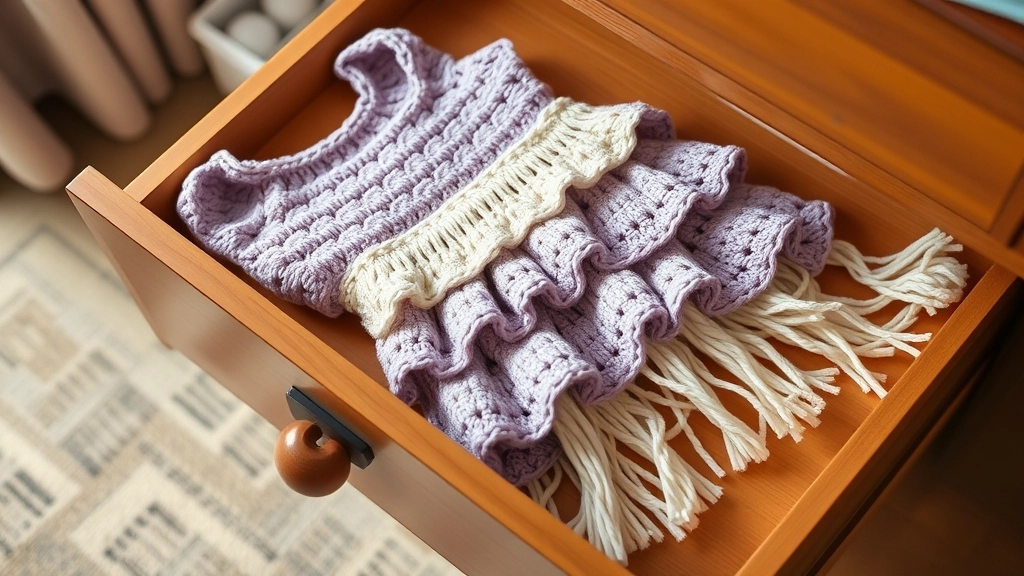 A folded lavender and cream crochet dress lying flat on a clean surface inside a wooden drawer.
