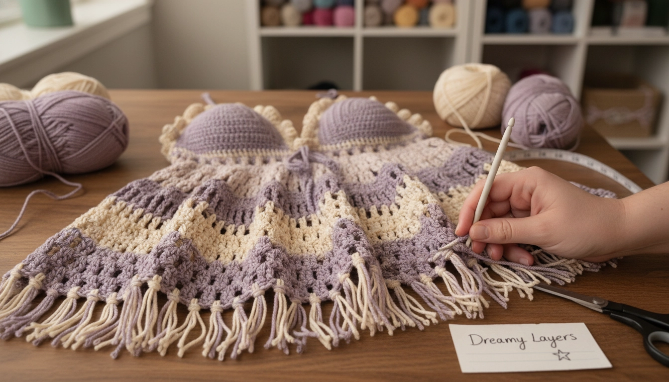 A homemade crocheted dress on a dress form, demonstrating the pattern from Dreamy Layers: Crocheting a Lavender Tiered Open-Weave Mini Dress with Fringe.