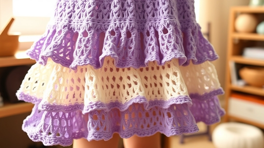 Close-up of three tiered open-weave layers of the crochet skirt in alternating lavender and cream rows.