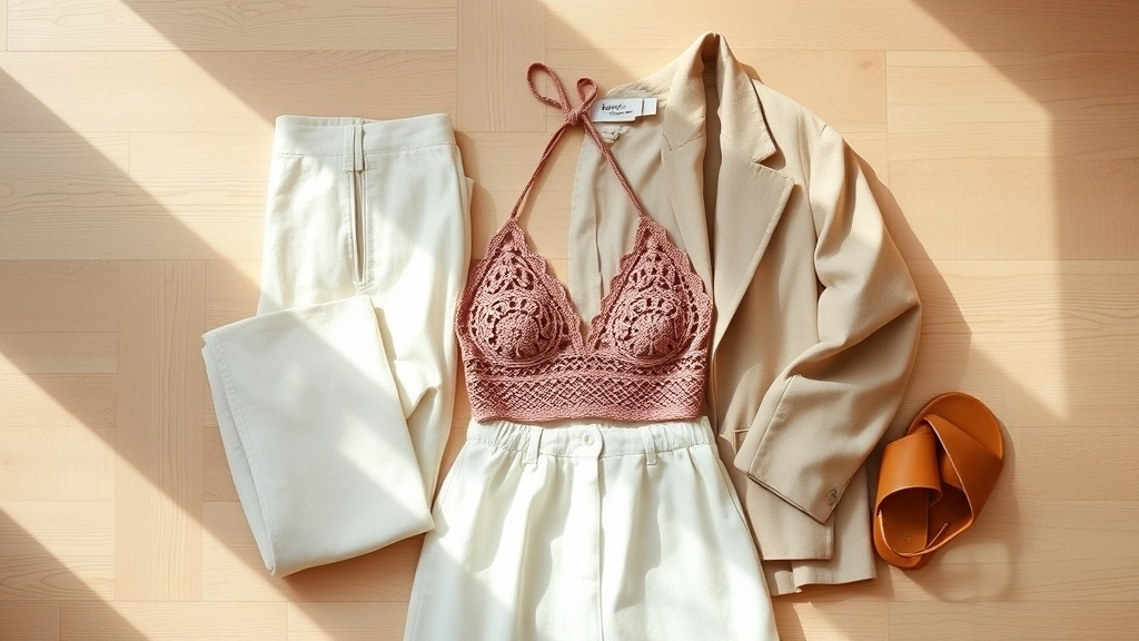 Flat-lay fashion outfit featuring a dusty rose crochet halter bralette, high-waisted white linen trousers, and a beige blazer.