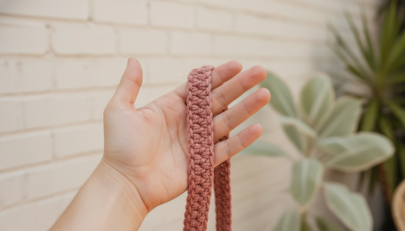 Close-up of a thick, sturdy crocheted cord strap made from dusty rose cotton yarn.