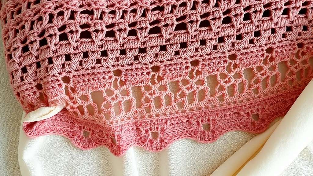Macro shot of crochet fabric showing dense V-stitches transitioning into an airy eyelet lace pattern.