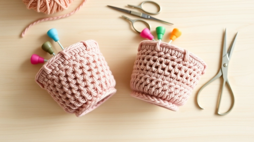 Two completed dusty rose crochet cups lying side-by-side with colorful stitch markers at the apexes.