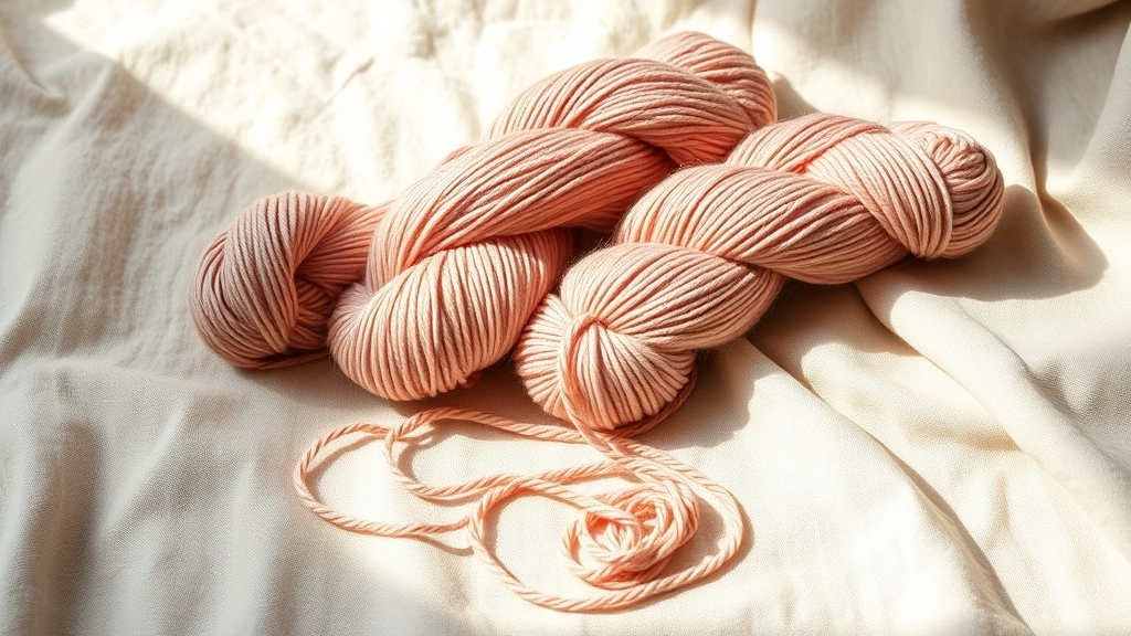 Skeins of organic sport-weight cotton yarn in soft dusty rose and mauve shades.