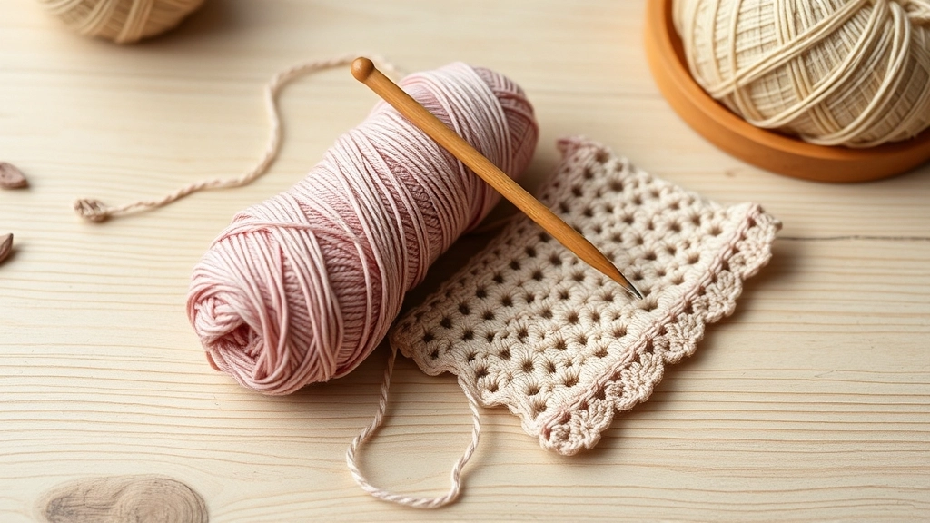 A wooden crochet hook resting on a skein of dusty rose cotton yarn next to a simple crochet swatch.