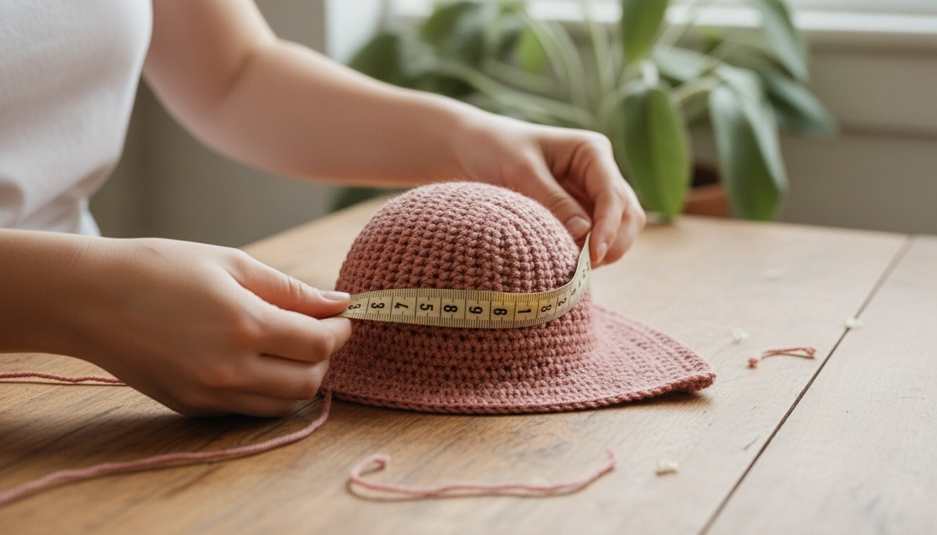 Checking the stitch tension and cup dimensions of a dusty rose crochet halter top with a tape measure.